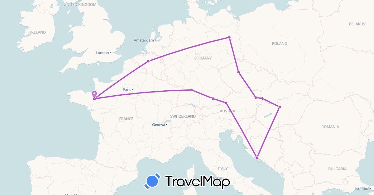 TravelMap itinerary: train in Austria, Belgium, Germany, France, Croatia, Hungary, Slovakia (Europe)